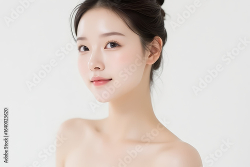 Female Asian Model with Short Hair - Young Beautiful Woman with Hair Bun - Studio Portrait of Asian Beauty for Fashion, Cosmetic, Skincare - Posing on White Background - Smooth Tied Hair