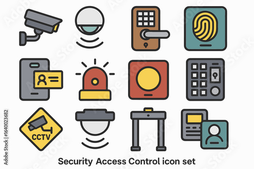 Comprehensive security access control icon set featuring cctv, biometric, and alarm symbols