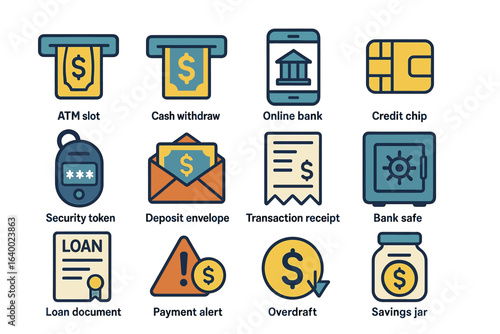 Financial symbols icon set featuring bank, atm, security lock, and transaction receipt