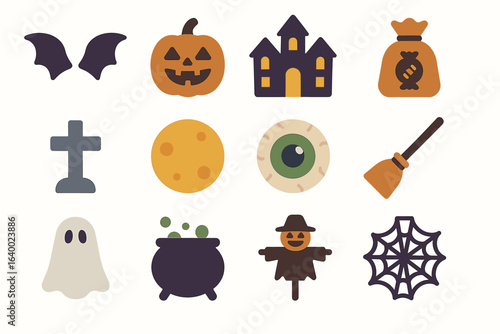 Halloween icons: pumpkin, haunted house, bat wings, spider web, ghost, and more