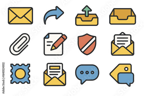 Colorful email icons: envelopes, arrow, attachment, shield, tag, chat, stamp
