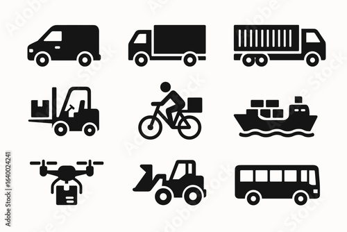 Various transportation icons: van, truck, forklift, bicycle, cargo ship, drone, tractor, bus