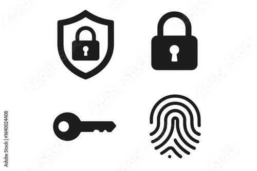 Security icons set: shield, lock, key, fingerprint for digital protection