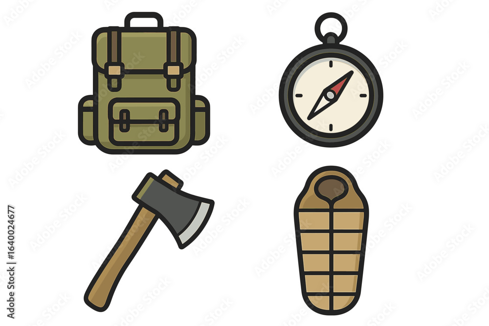 Camping essentials: backpack, compass, axe, and sleeping bag icons Camping essentials: backpack, compass, axe, and sleeping bag icons