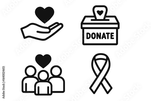 Charity and donation icons: heart, hand, box, group, ribbon symbols for support and awareness