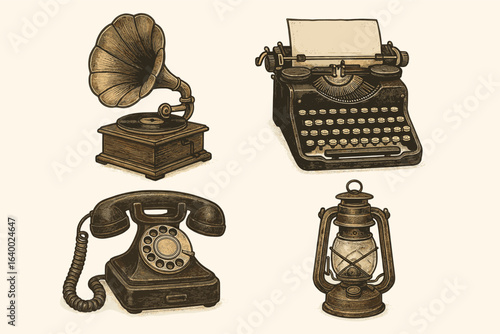Vintage technology collection: gramophone, typewriter, rotary phone, lantern