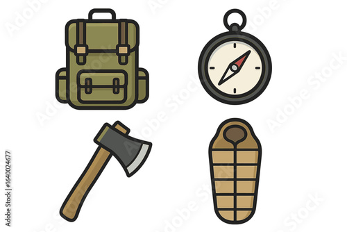 Camping essentials: backpack, compass, axe, and sleeping bag icons