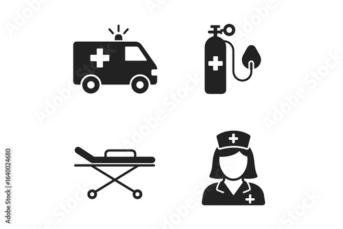 Medical icons set featuring ambulance oxygen tank stretcher and nurse silhouette