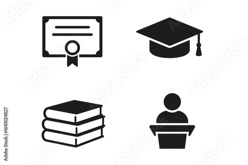 Education icons: diploma, graduation cap, books, lecturer silhouette