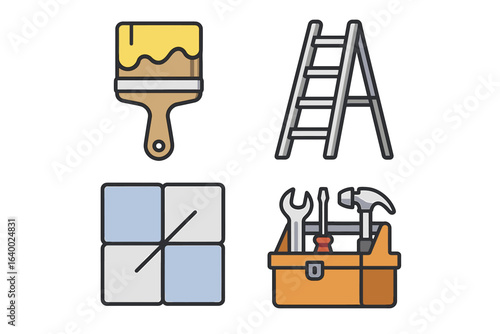 Home renovation tools: paintbrush, ladder, tiles, and toolbox icons