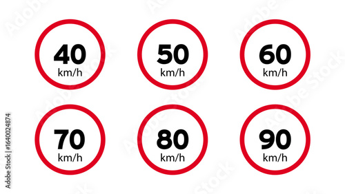 Speed limit road icon clipart set. Highway traffic speed limit warning maximum km per hour for safety driving regulation symbol. red circular speed limit road signs 40 50 60 70 80 90 kmh vector illust