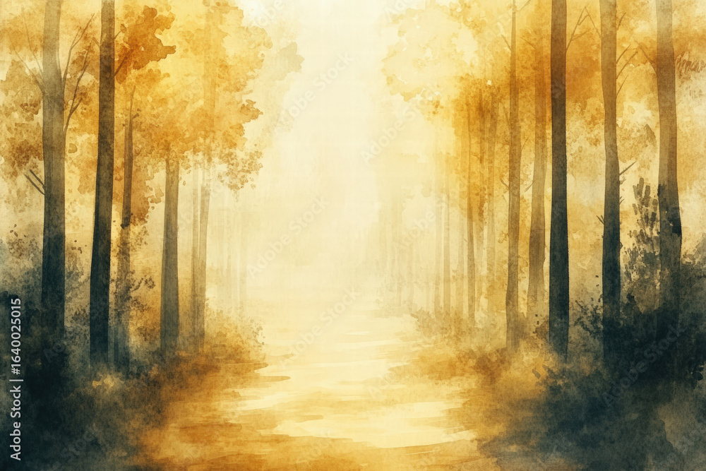 Fototapeta premium Golden Autumn Forest Path Painted in Warm Watercolor Style.