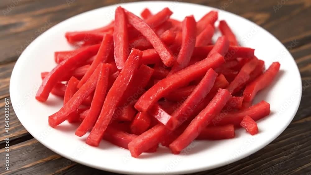 Plate of cut red peppers on a wooden surface Plate of cut red peppers on a wooden surface