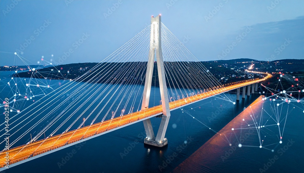 Obraz premium Night Aerial View Illuminated Cable-Stay Bridge Network