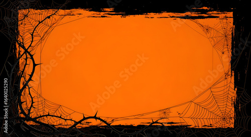 An orange halloween background with a black border of spiderwebs and thorny vines for text overlay