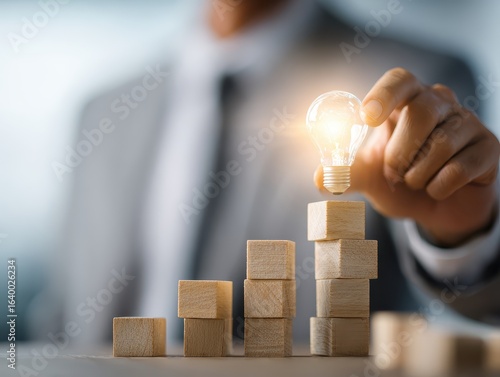 Wallpaper Mural Business consulting services concept. Consultant giving advice on management. Businessman stacking wooden blocks. Lightbulb icon and lens flare light. Torontodigital.ca