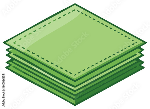 A neat cartoon stack of layered green fabric squares with a stitched border