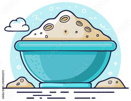 Cute Cartoon Illustration of Baking Dough Mixture in a Blue Bowl with Scattered Ingredients