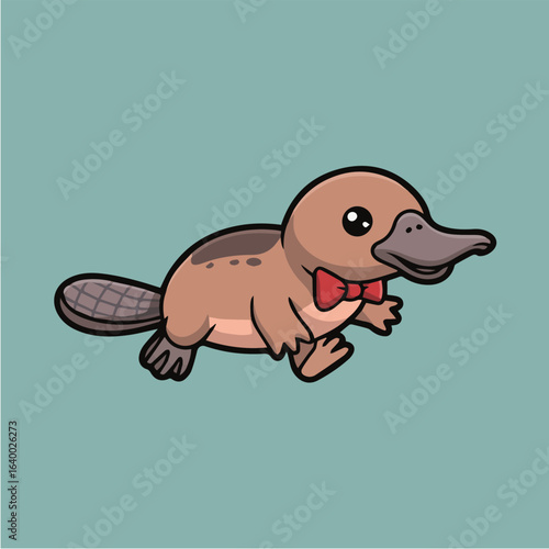 Cute cartoon platypus with a bow tie, a funny and adorable animal character illustration, perfect for childrens designs, vector graphics, and cheerful wildlife illustrations