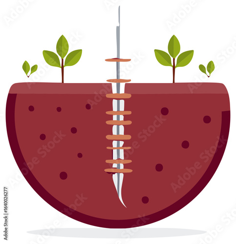 Sewn together soil cross section with sprouting plants and stitching