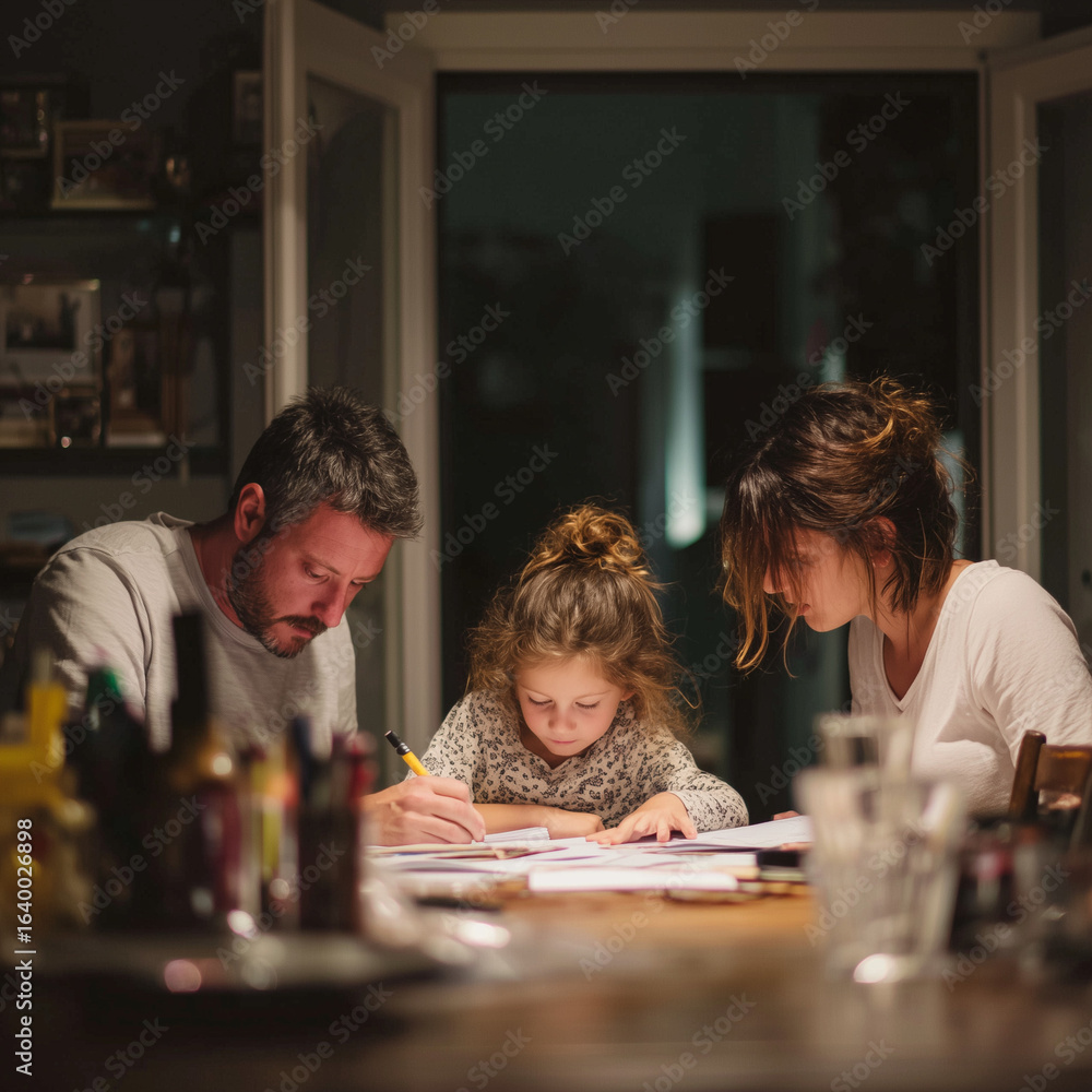 Fototapeta premium Parents Helping Child with Homework at Dining Table with White Space