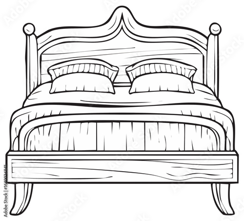 Cozy bedroom furniture ornate antique wooden bed with pillows and blanket line art illustration