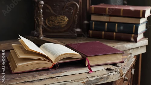 Wallpaper Mural Vintage books on a rustic wooden desk for cozy reading moments Torontodigital.ca