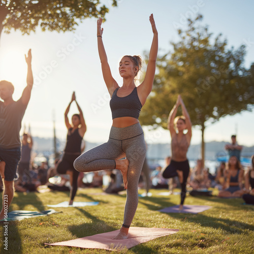  Fitness Enthusiasts Practicing Outdoor Yoga in City Park Morning Sunlight