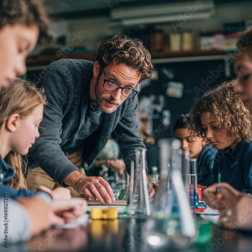  Male Teacher Leading Science Experiment with Students in Classroom