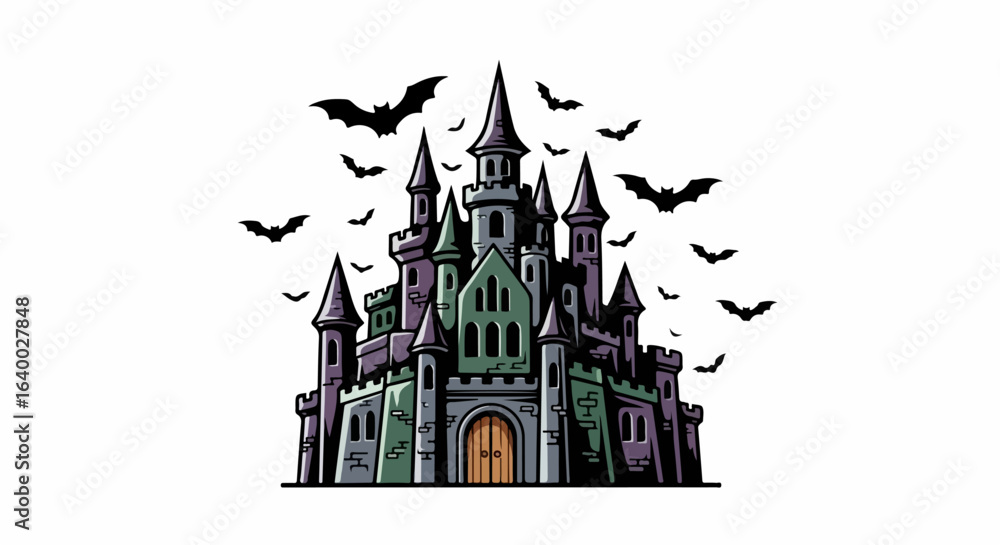 Fototapeta premium Enigmatic Gothic Castle with Bats, Dark Stone, Pointed Towers, and Wooden Door