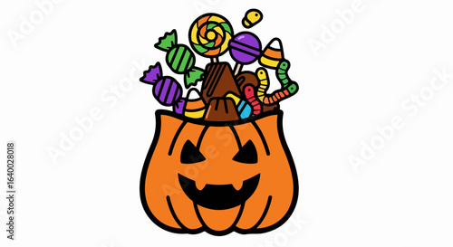 Jack-o'-lantern brimming with colorful Halloween candies, lollipops, chocolate, and gummy worms.