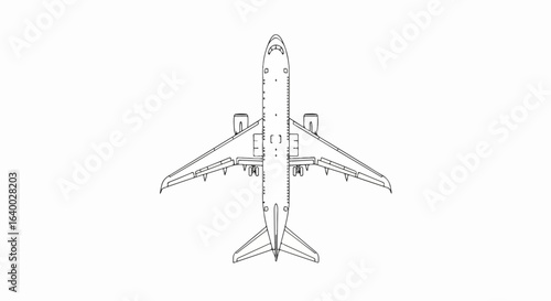 Top-Down Line Drawing of a Passenger Airplane with Detailed Wings and Engines