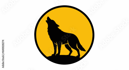Majestic Black Wolf Silhouette Howling at the Yellow Moon, Bold Graphic Design