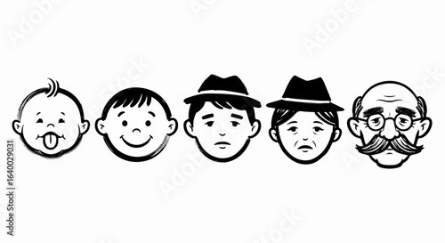 Five stylized black and white faces depicting the stages of life: baby, toddler, young adult, middle-aged adult, and elderly man.