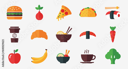 Diverse Food Icon Set Featuring Burger Pizza Sushi and Healthy Vegetables for Website Design and Culinary Illustrations