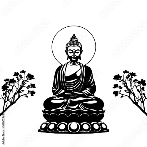 serene buddha illustration with lotus base and flowering trees in monochrome