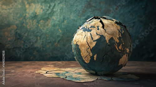 Cracked globe symbolizing global issues, featuring detailed continents and textured surface, evokes sense of concern about environmental challenges and geopolitical tensions