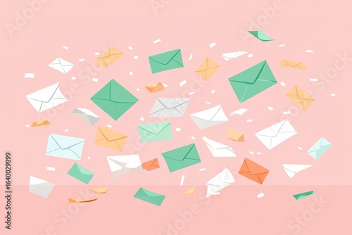 Isolated in pastel pink background, flat illustration style, with envelopes