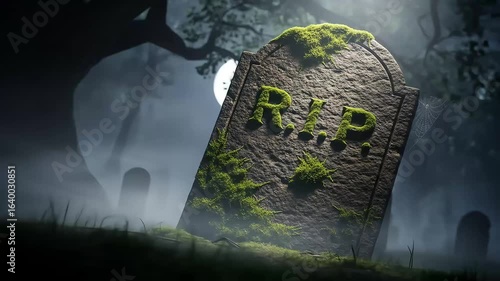 Aged gravestone in a misty graveyard