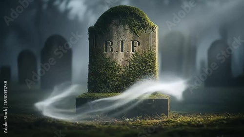 Aged gravestone in a misty cemetery