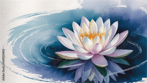 Watercolor white lotus flower on the water background template, Floral design with white lotus flower in watercolor style, Elegant watercolor painting of a lotus flower