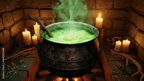 Green potion in a cauldron over a fire with candles