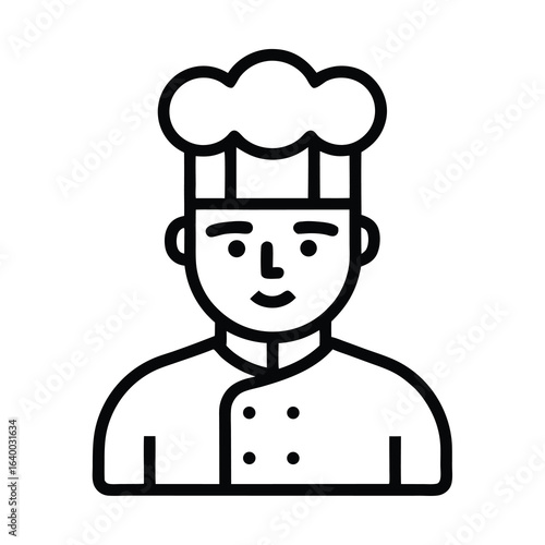 Smiling Chef Icon Wearing Uniform and Toque Hat in Bold Outline Style on White