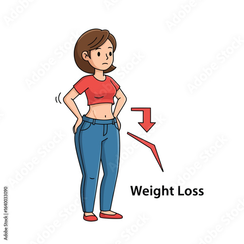 Illustration of a woman showing weight loss progress with an arrow pointing down and looser jeans after dieting