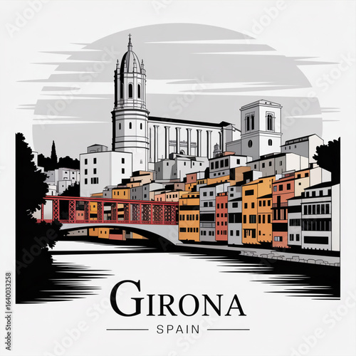 Girona Skyline Silhouette — Historic Riverside City with Cathedral and Eiffel Bridge Vector Illustration