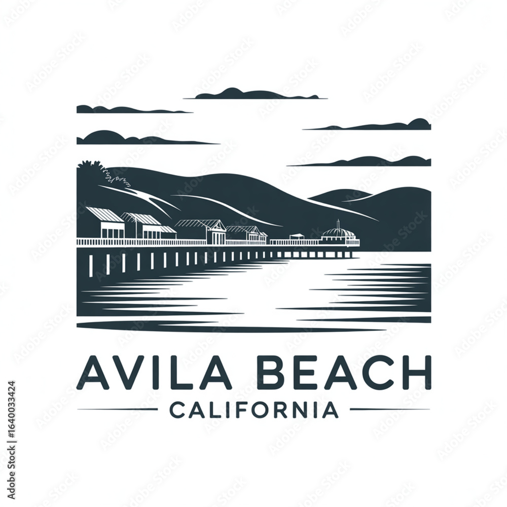 Naklejka premium Avila Beach Skyline Silhouette - A Charming Coastal Town in Central California Vector Illustration