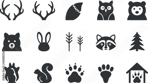 Cute woodland animal icons:  minimalist black silhouettes, nature graphic set.