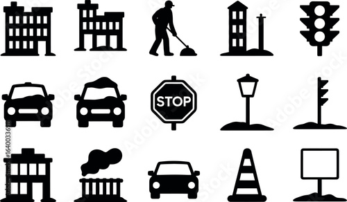 Simple Black City Icons: Transportation, Buildings, and Street Signs