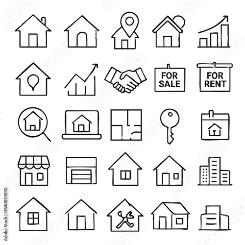 Collection of real estate and property related line icons depicting buying selling renting investment and home repair services