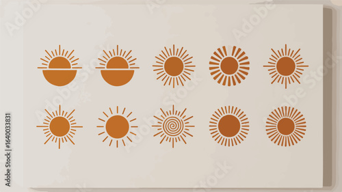 Terracotta sunbursts and semicircles arranged on a neutral background abstract pattern